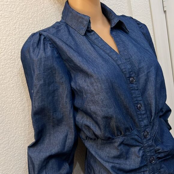 New York & Company Dress Sz Small Denim VNeck Long Sleeve Slimming Ruched Button - Picture 3 of 13